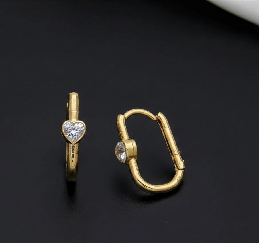 Modern Gold Rectangular Link Huggies with Inset Heart Crystal MN25