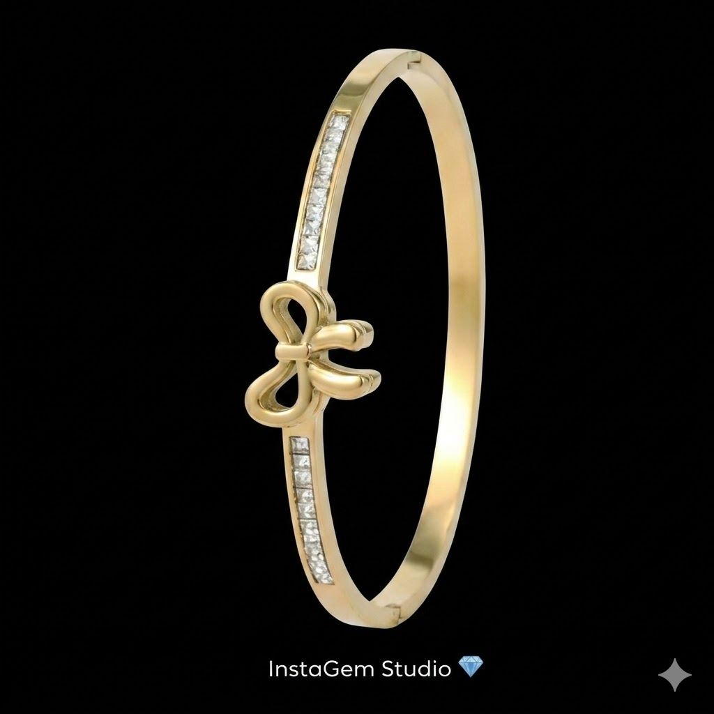 Golden Ribbon Bow Bangle Bracelet with Stone Channel