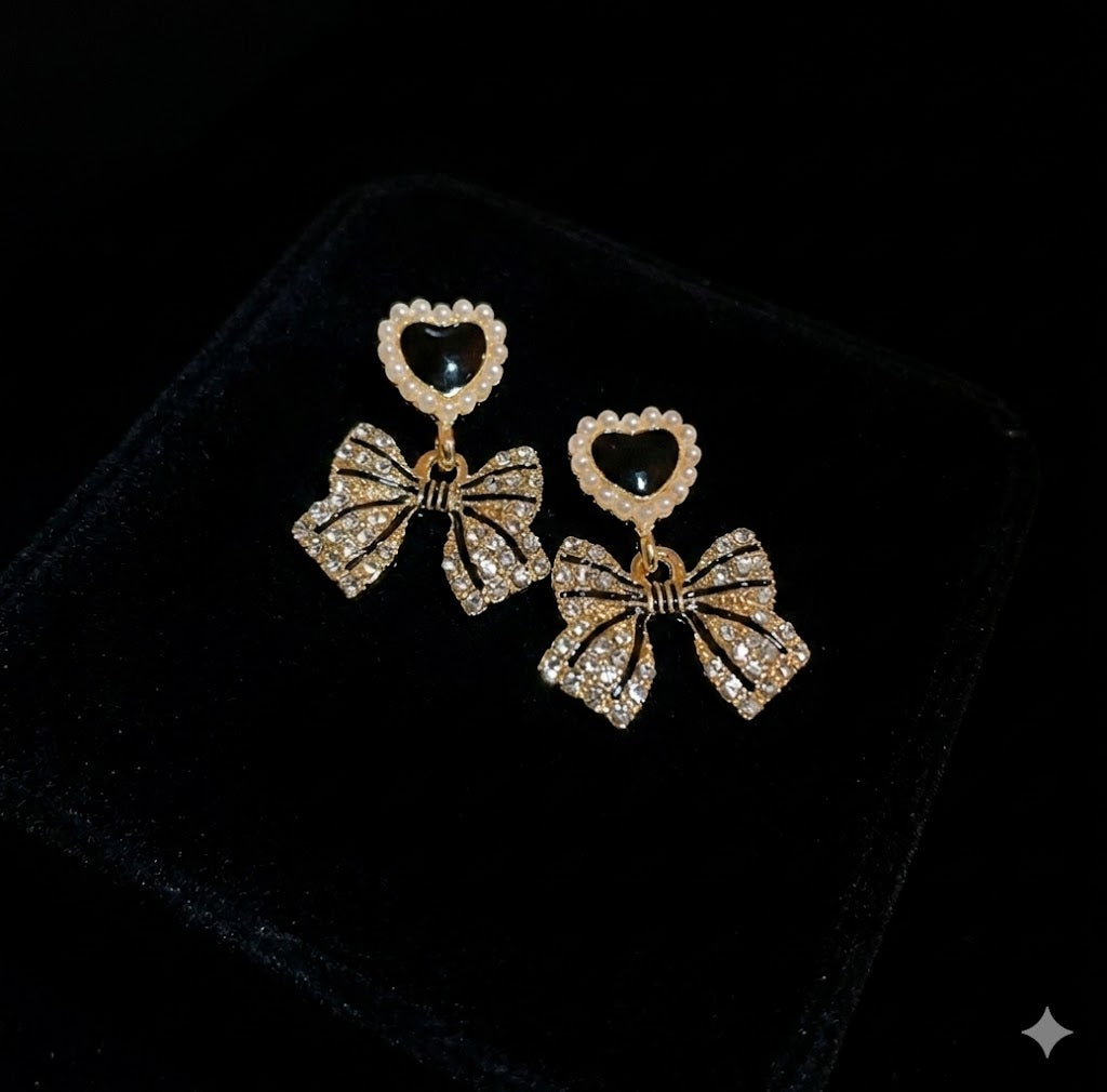 Elegant Black Heart and Bow Earrings