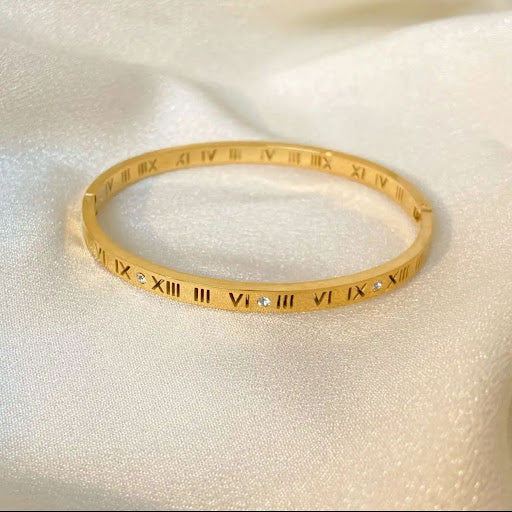 Gold Roman Numeral Bangle with Crystal Accents