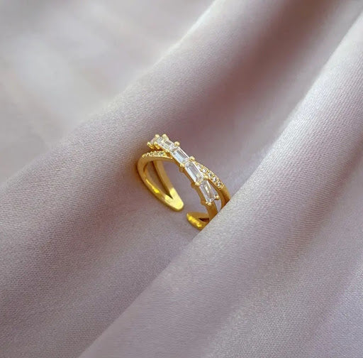 Gold Baguette & Pavé Criss-Cross Adjustable Ring