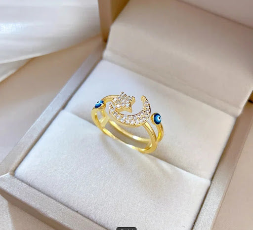 Gold Celestial Moon & Star Ring with Evil Eye Accents