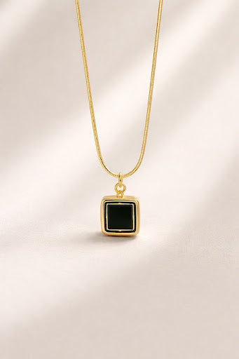 Gold Square Onyx Pendant with Snake Chain