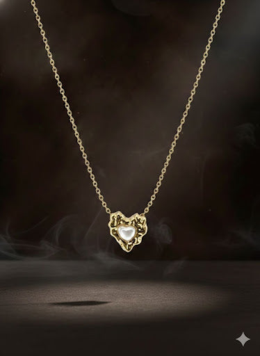 Gold Melted Heart Necklace with Pearl Inlay